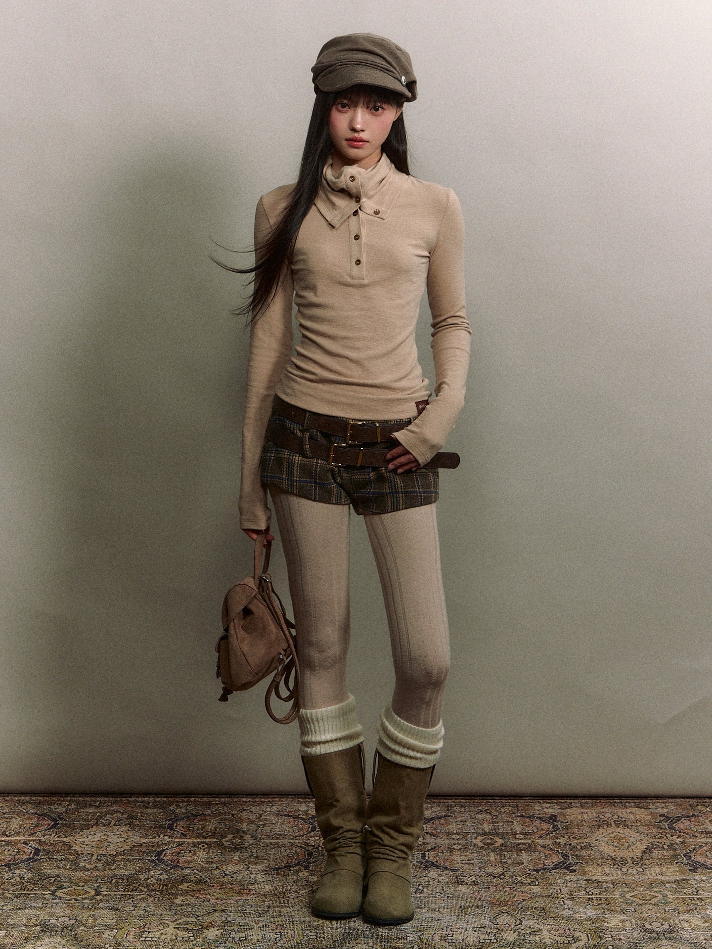 Drape-Neck Slim Knit Top