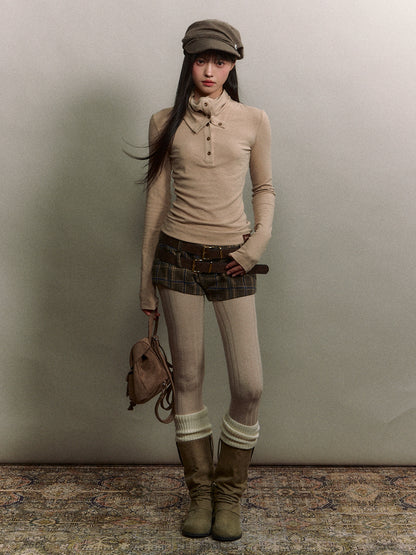 Drape-Neck Slim Knit Top