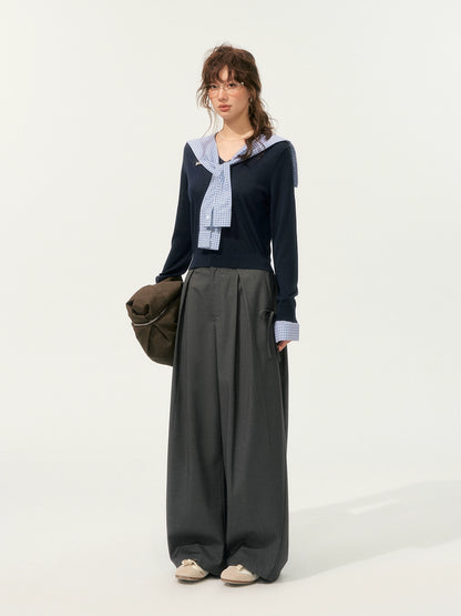 Fake Two-Piece Twist-Knot Spliced V-Neck Knit Top