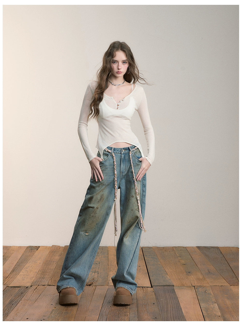 Distressed Wide-Leg Denim Pants