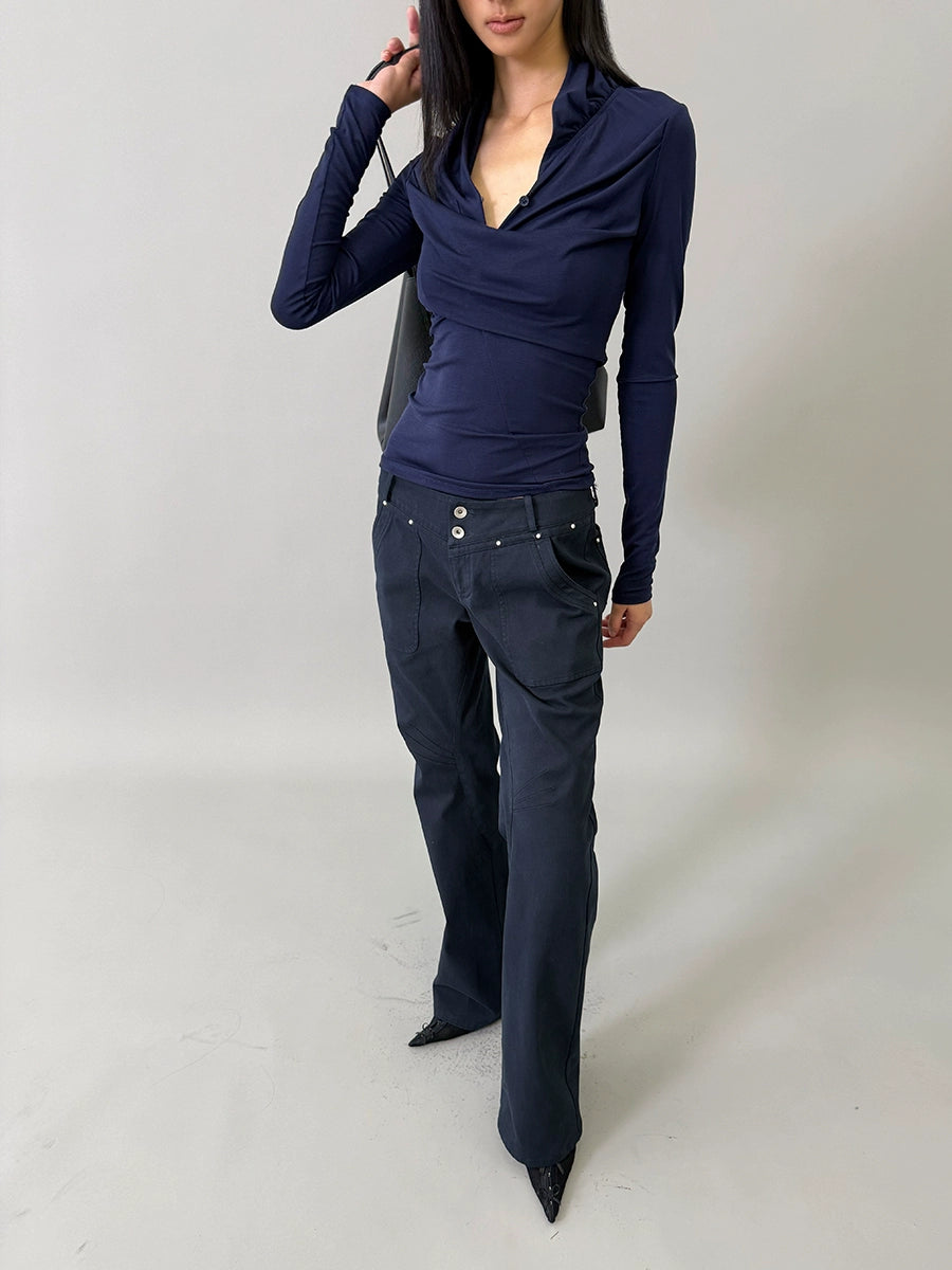 Deep-Blue V-Neck Structured Knit Top