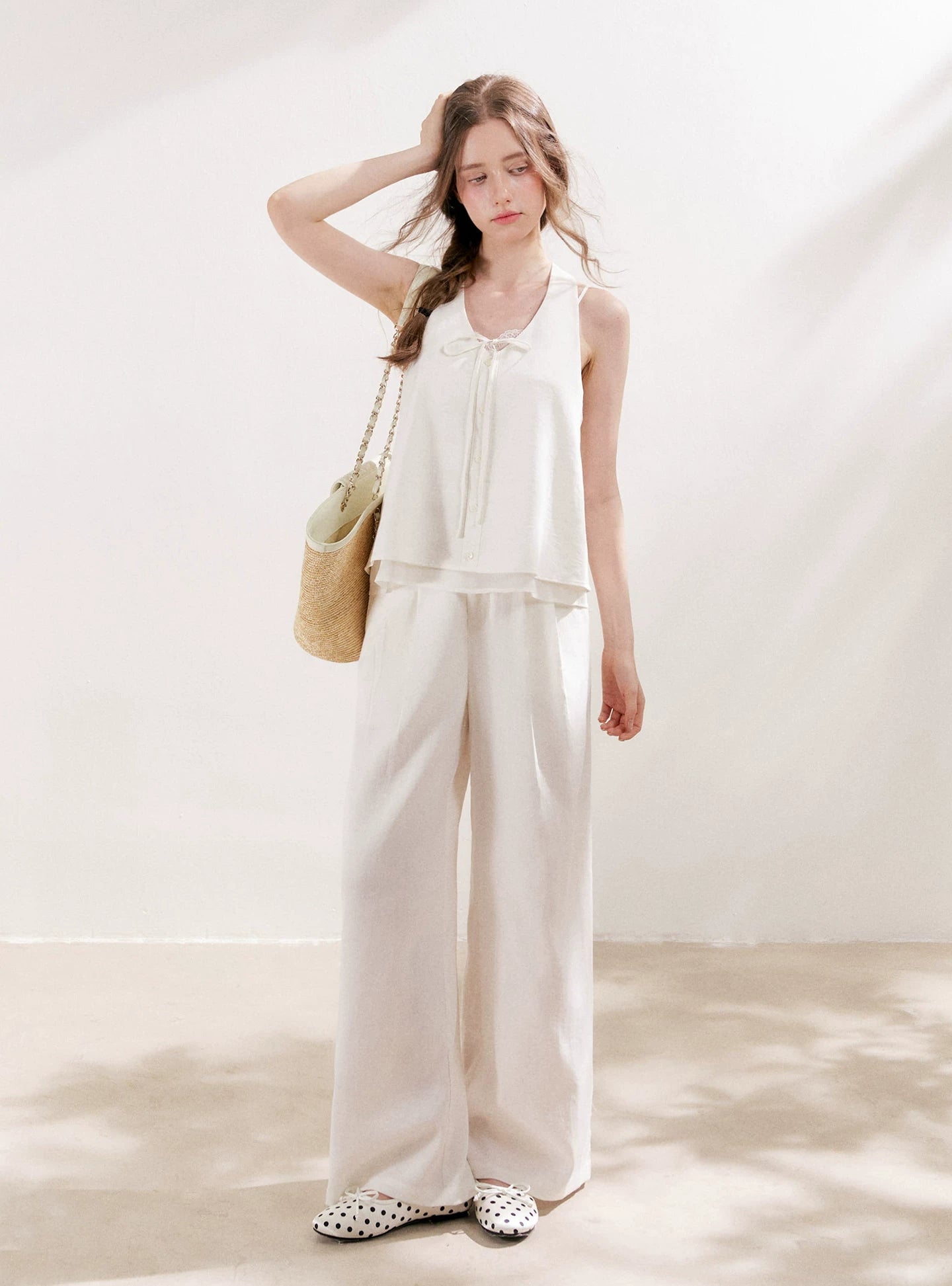 White Pleated Wide-Leg Pants