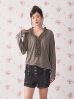 Ruffle Drawstring Knit Top