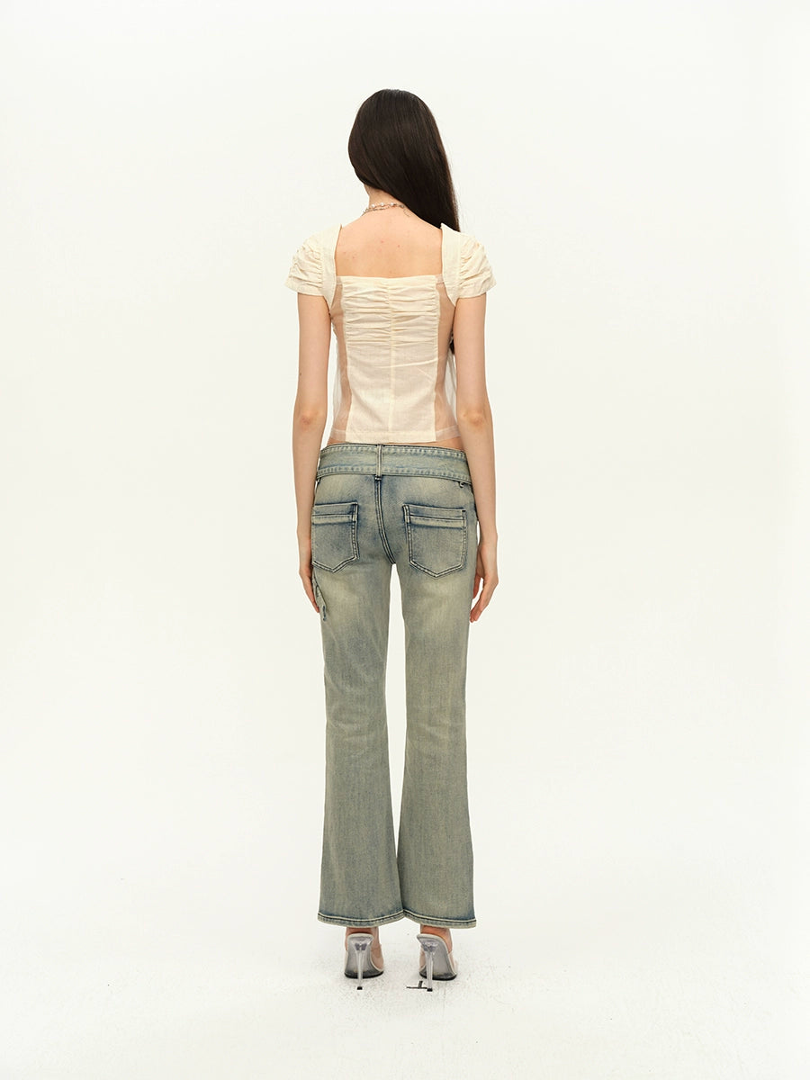 Double Waist Flared Denim Pants