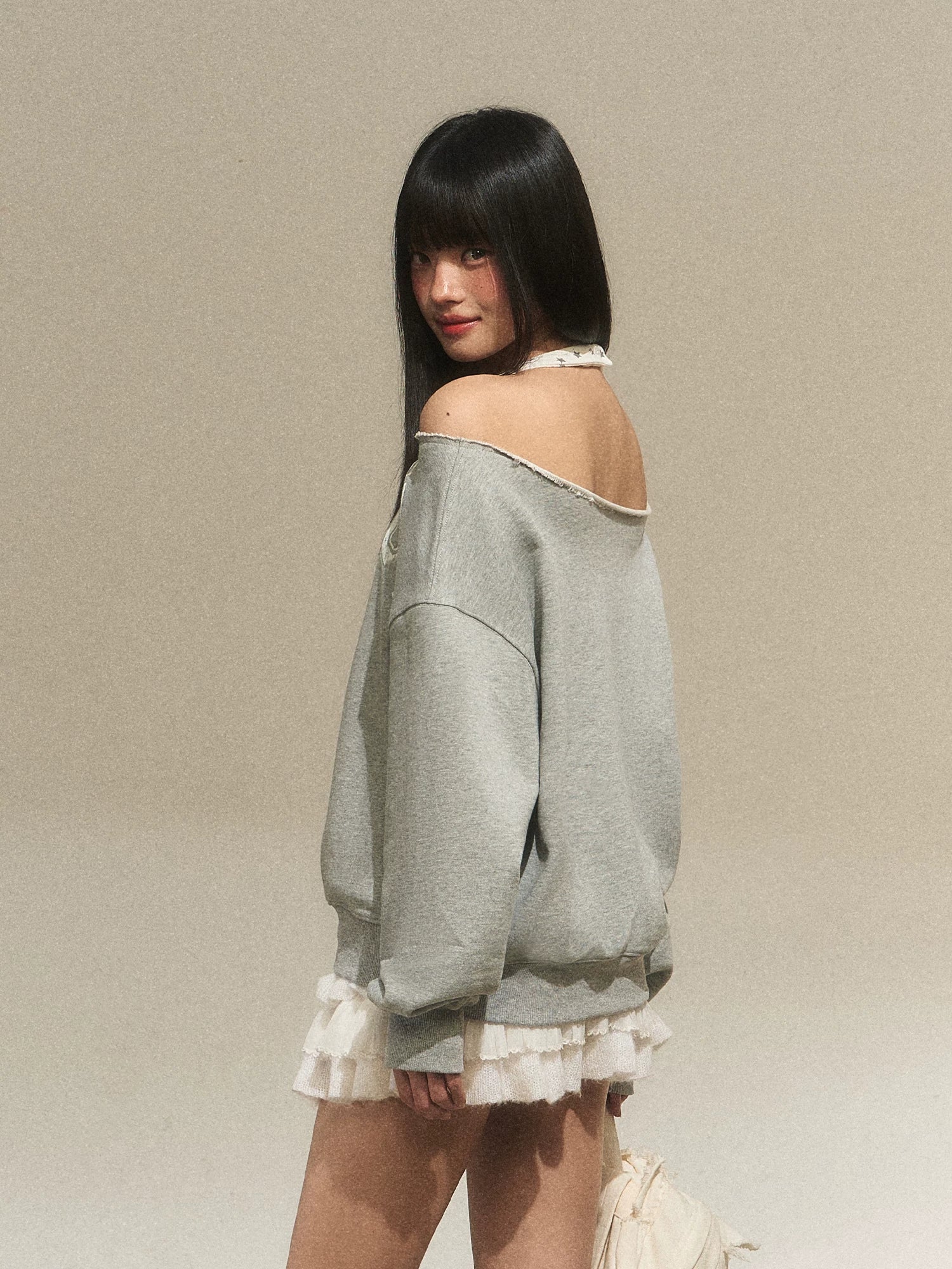 Off-Shoulder Halter Faux Layer Sweatshirt