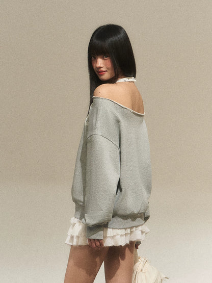 Off-Shoulder Halter Faux Layer Sweatshirt