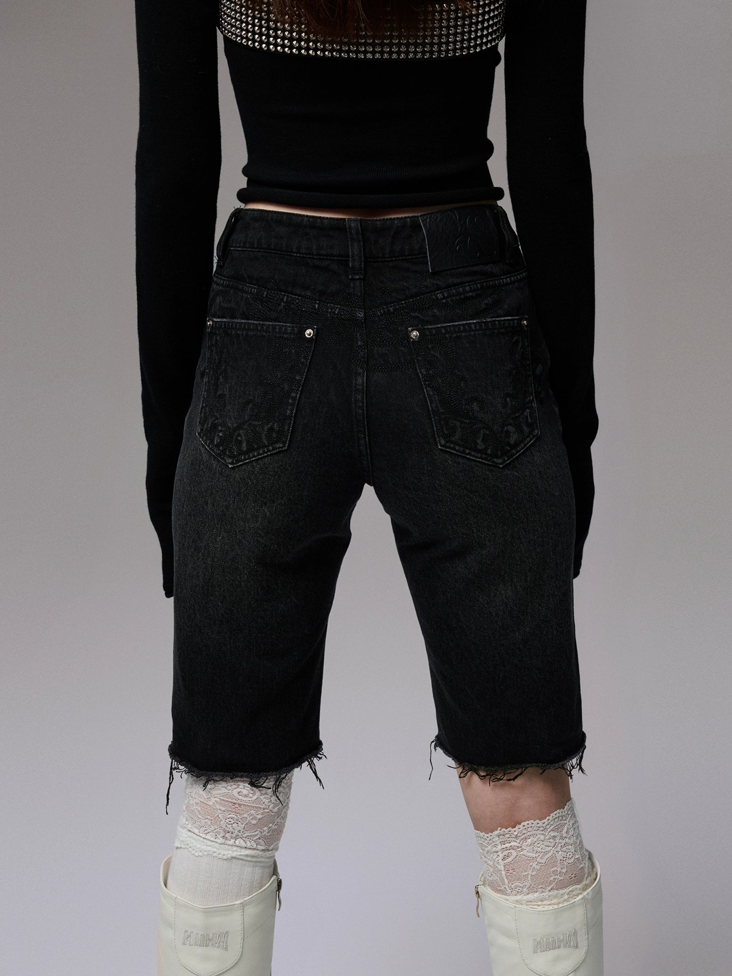Washed Denim Biker Shorts