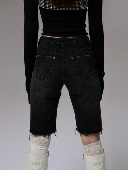 Washed Denim Biker Shorts
