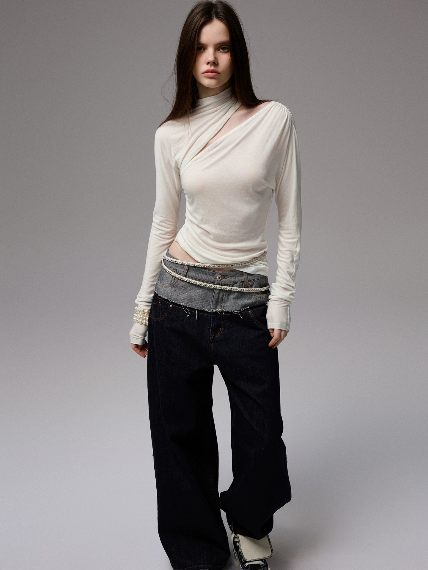 Draped Lyocell Wool Cutout Blouse