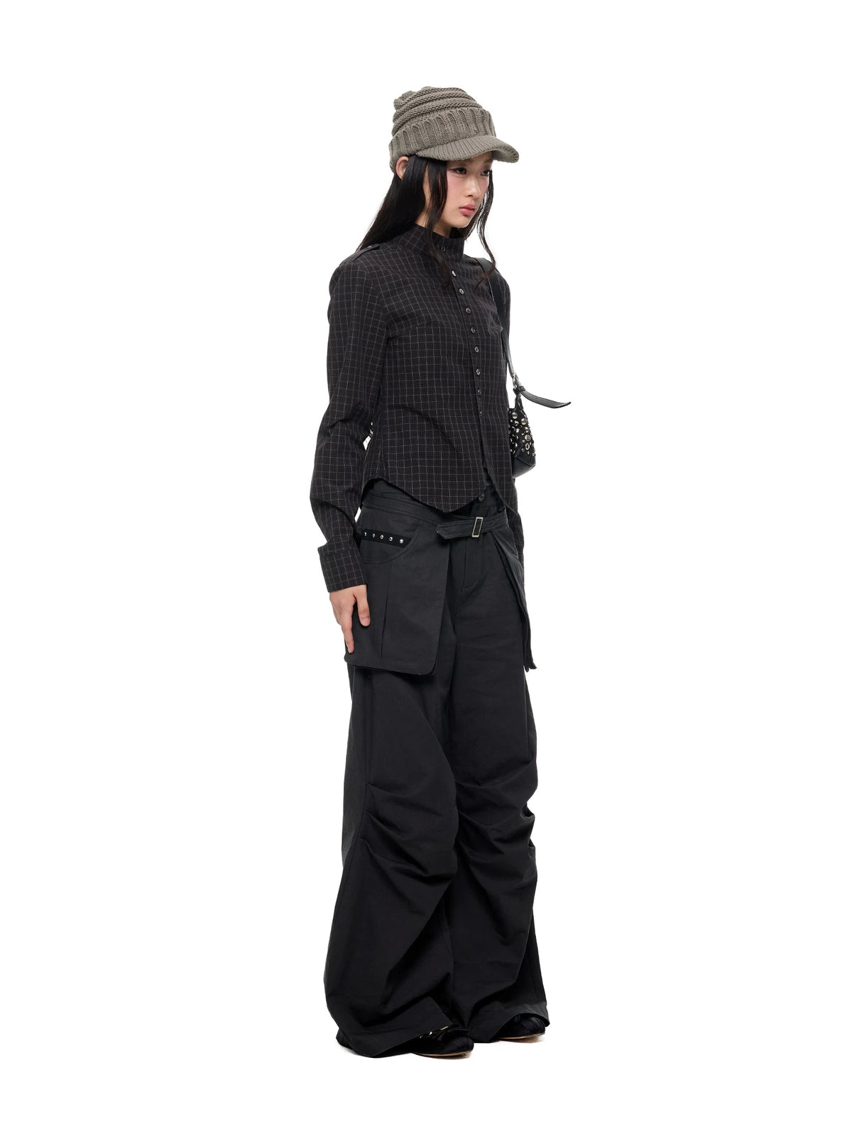 Black Plaid Stand Collar Shirt