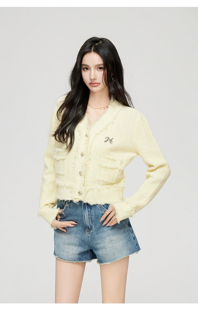 Milk Yellow &amp; Gray V-Neck Knit Cardigan