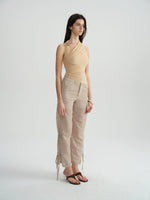 Metal Ring Halter Mesh Pleated Blouse