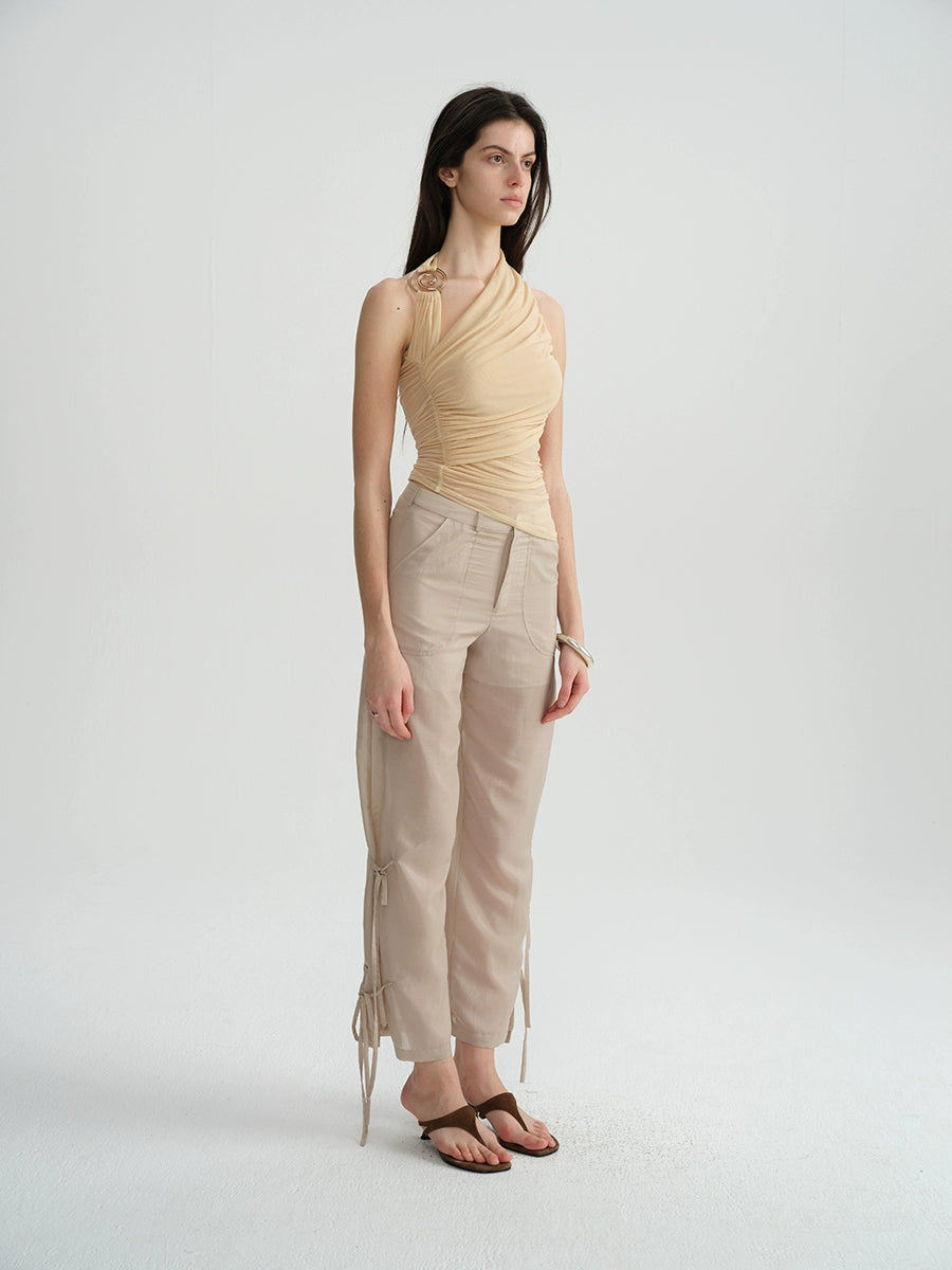 Metal Ring Halter Mesh Pleated Blouse