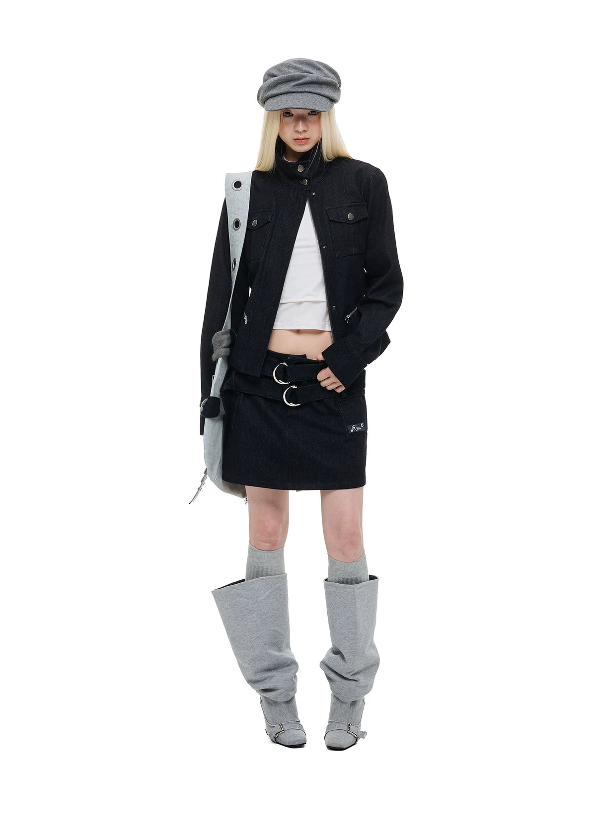 Stand Collar Denim Jacket &amp; Skirt Set