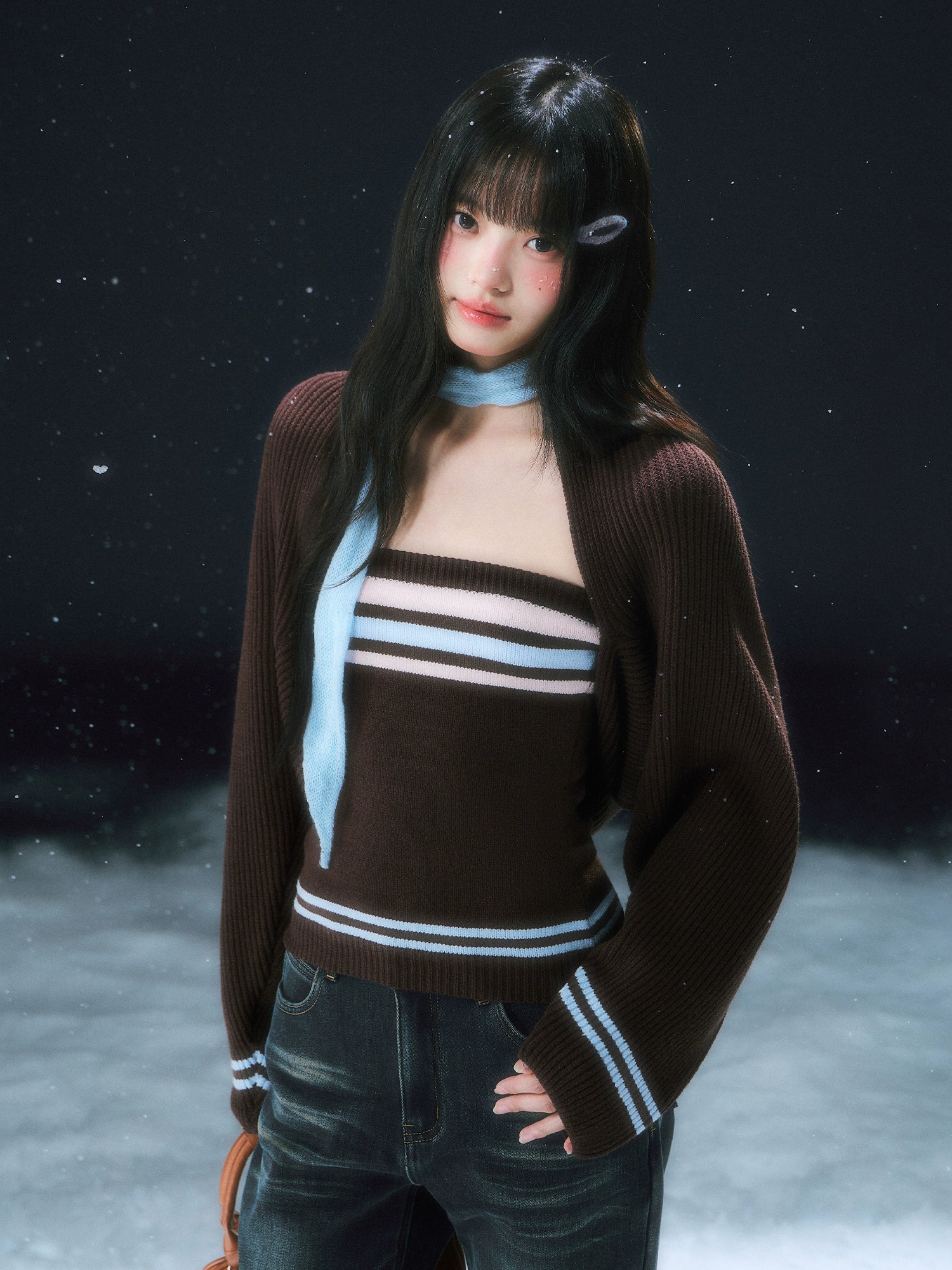 Brown Layered Knit Cardigan Set