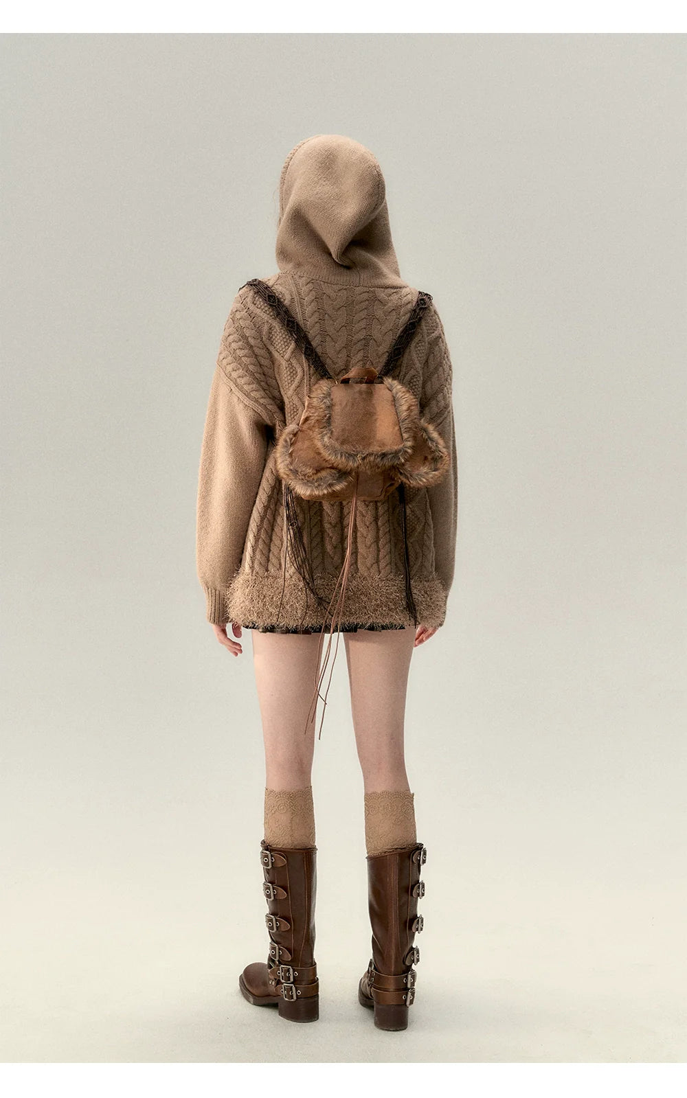 Off-white &amp; Khaki Twisted Knit Hooded Sweater
