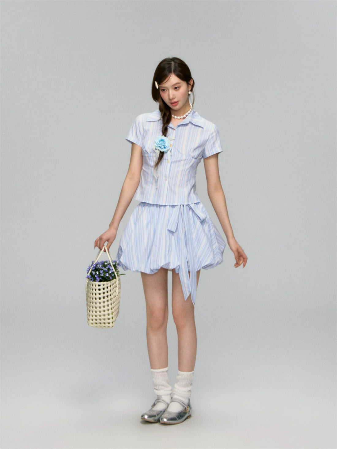 Colorful Buttons Striped College - Style Shirt & Skirt Set