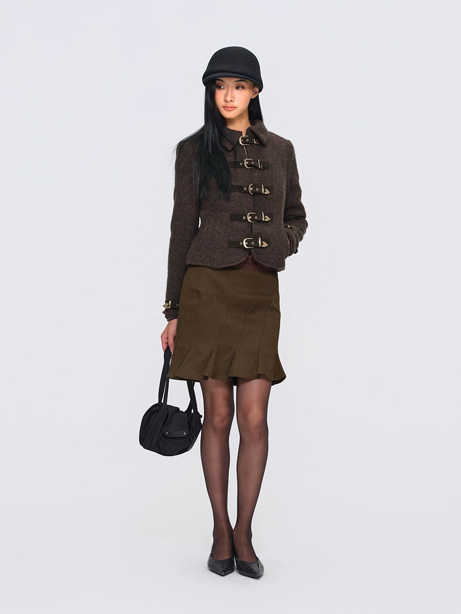 Metal-Button Wool-Blend Structured Short Jacket