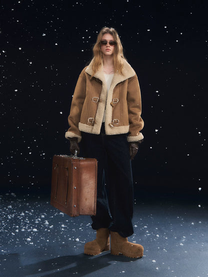 Horn Button Woolen Fur Jacket