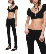 Jacquard Puff Sleeve Crop Top