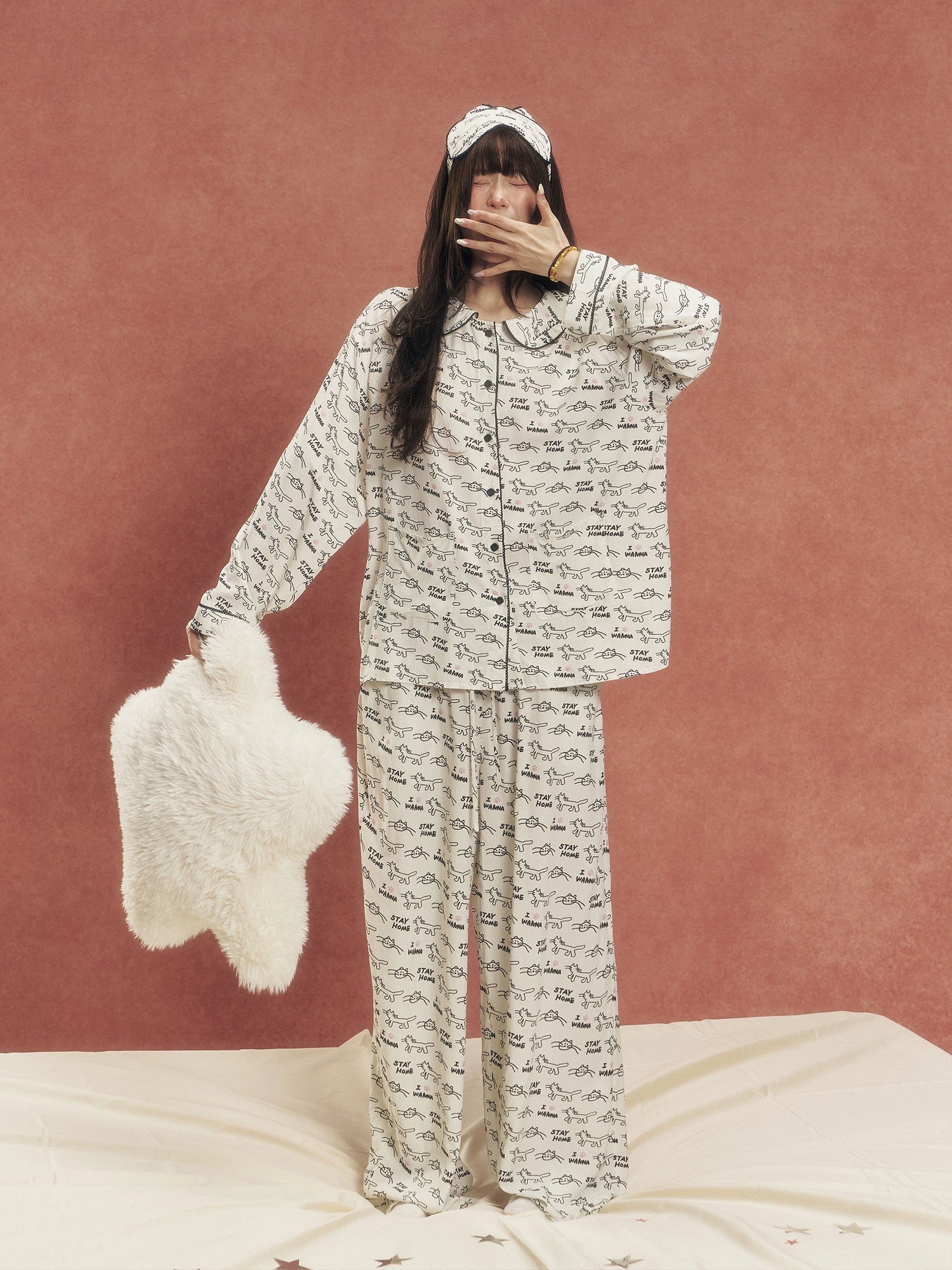 Cat Print Lace Pajama Set