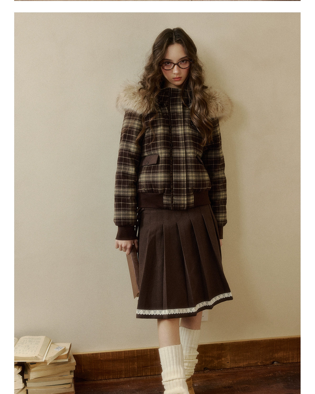Plaid Floral Faux-Fur Down Jacket