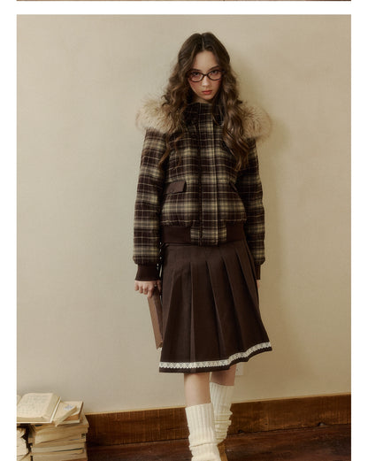 Plaid Floral Faux-Fur Down Jacket