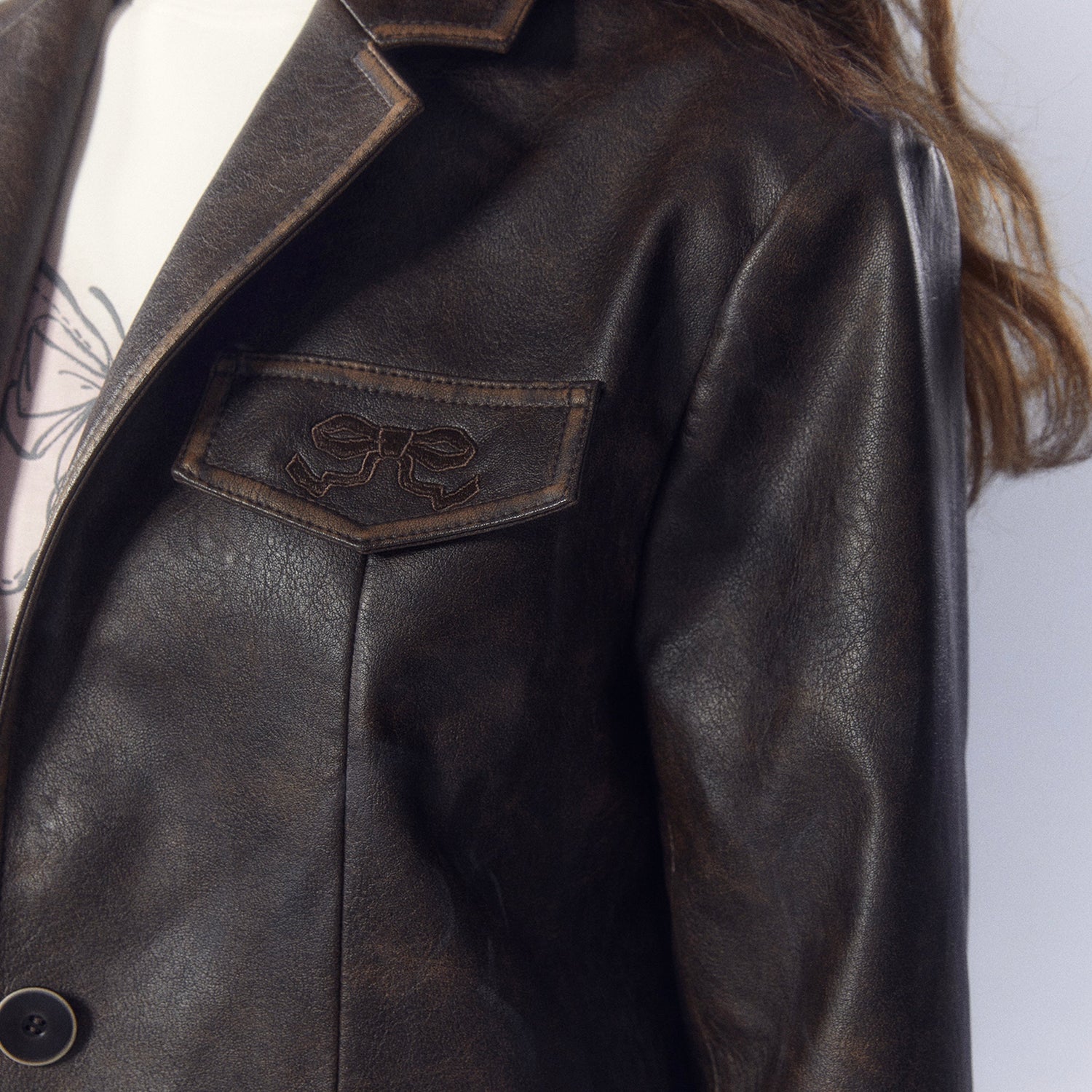 Vintage Brown Embroidered Leather Jacket &amp; Skirt Set