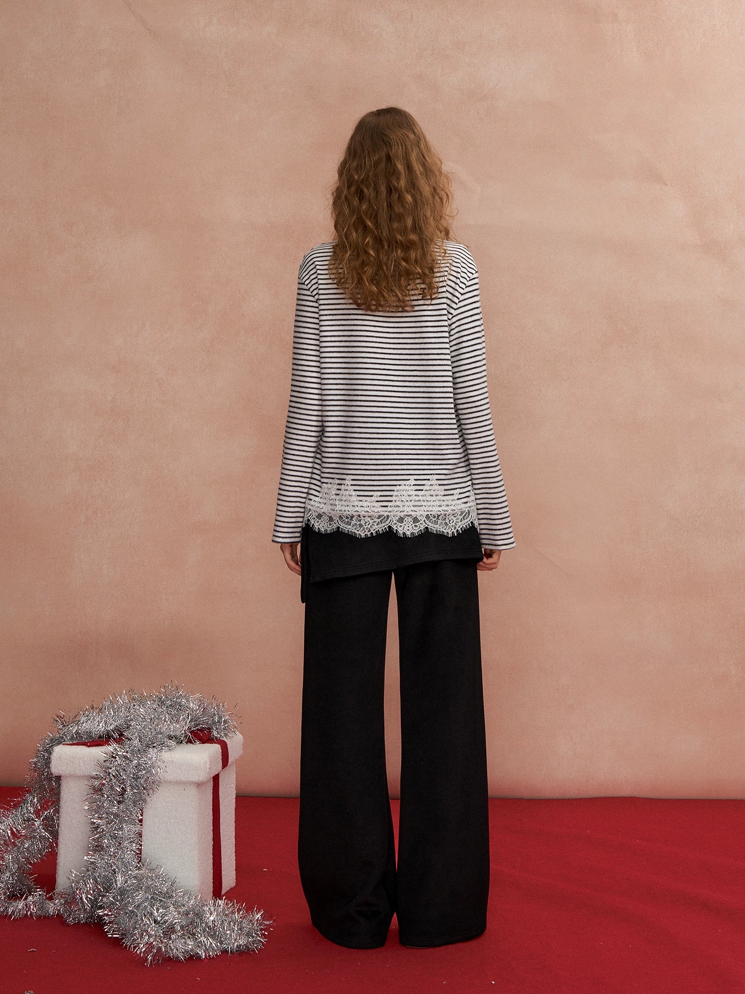 Lace Panel Fuzzy Stripe Tee