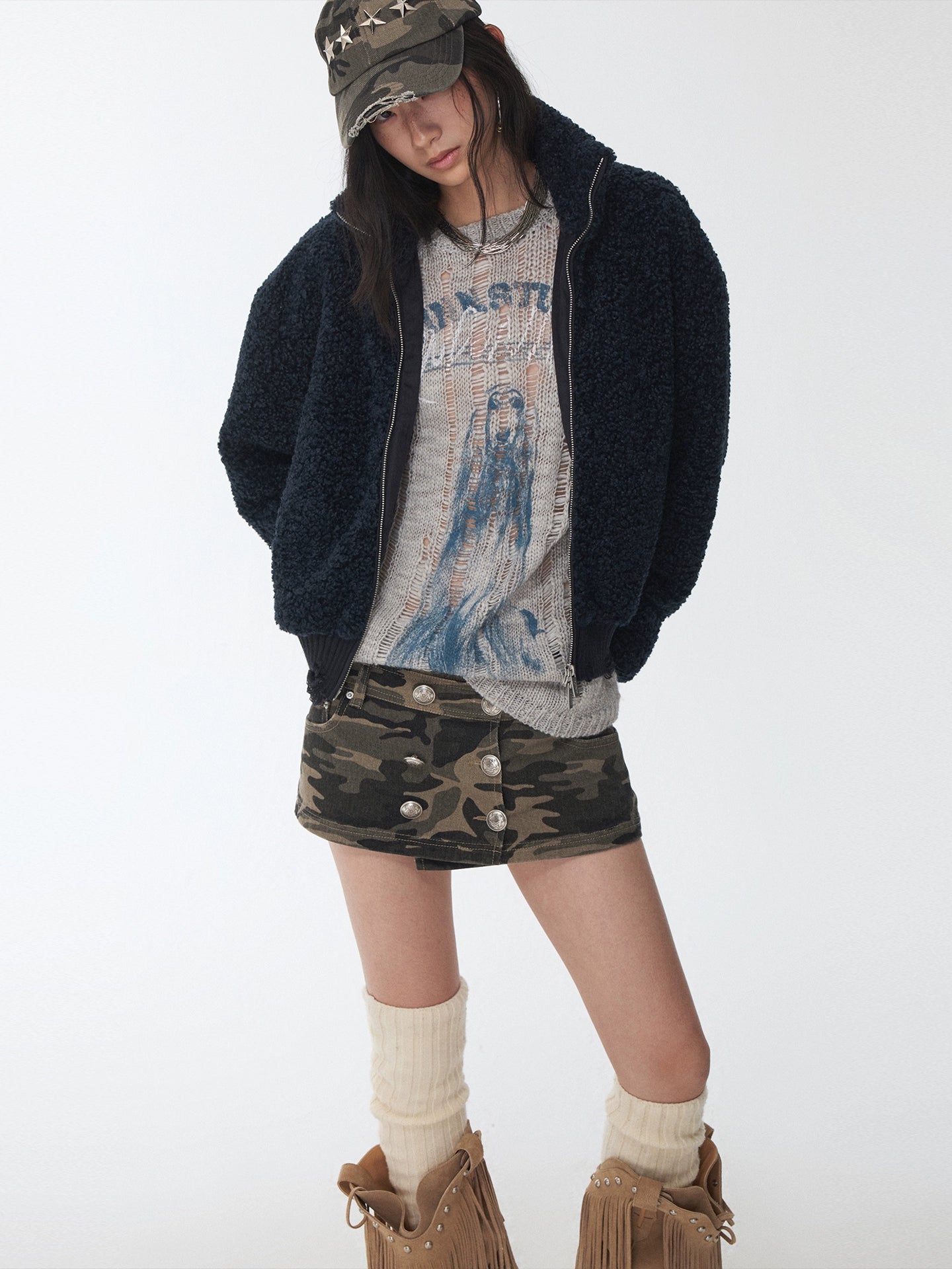 Zip-Up Shearling Textured Fitted Short Coat