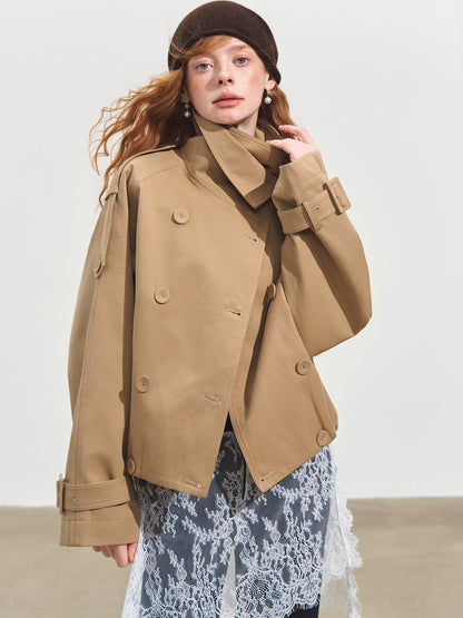 Plaid Lapel Double-Breasted Trench Coat