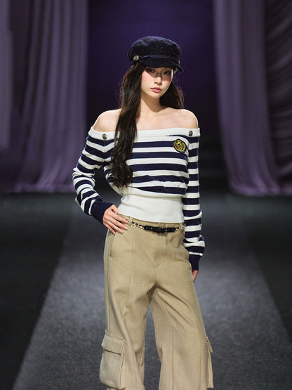 Off-Shoulder Sailor Stripe Sweater