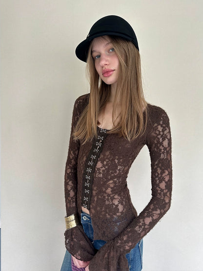 Lace Button Flare-Sleeve Top