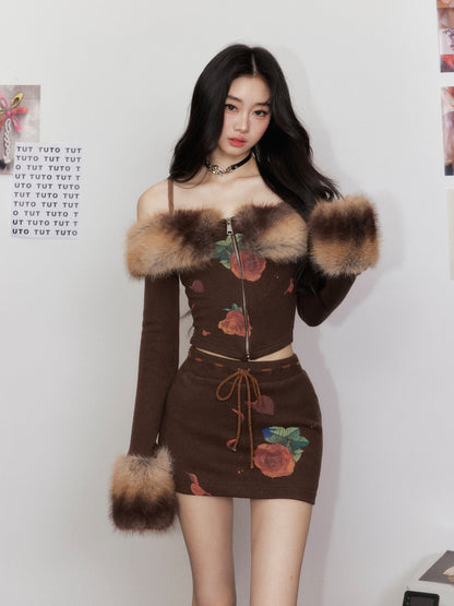 Faux Fur Gradient Knit Sweater with Fur Collar &amp; Skirt Set
