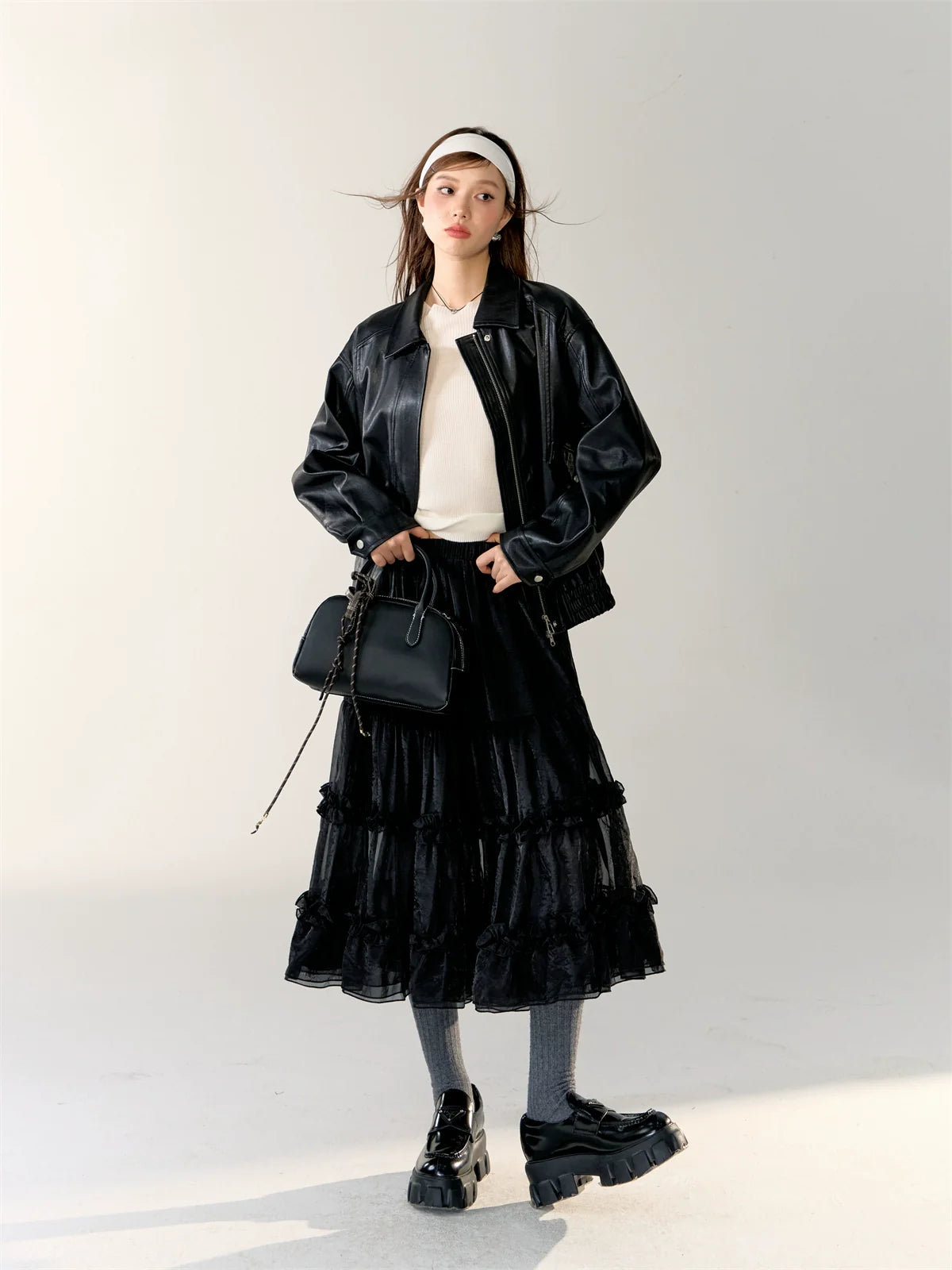 Black Turn-Down Collar Leather Jacket