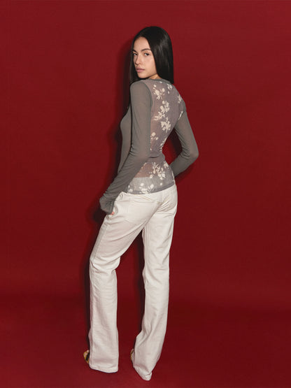 Sheer Print Open-Back Knit Top