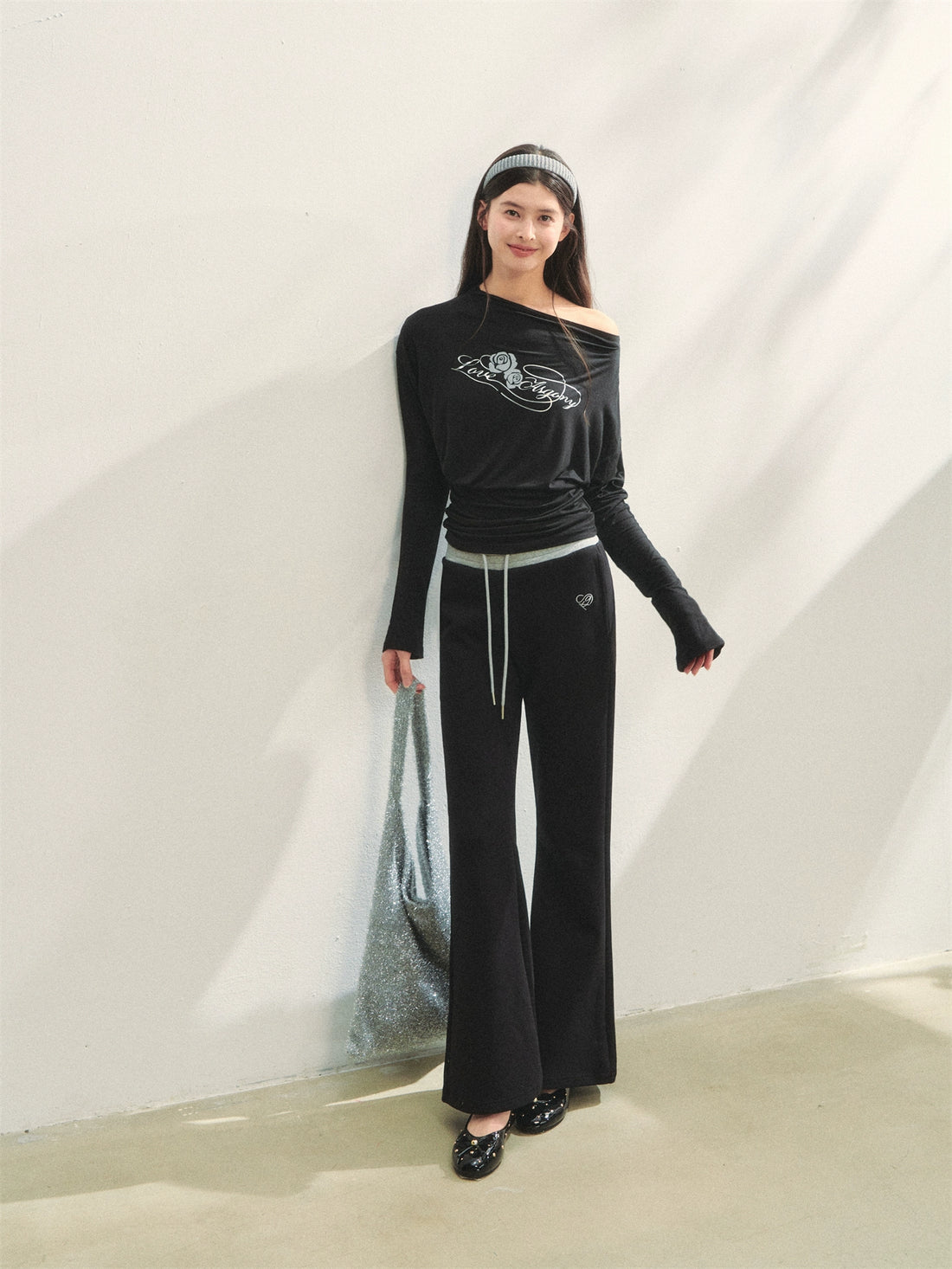 Contrast Color Tie-Waist Flared Casual Pants