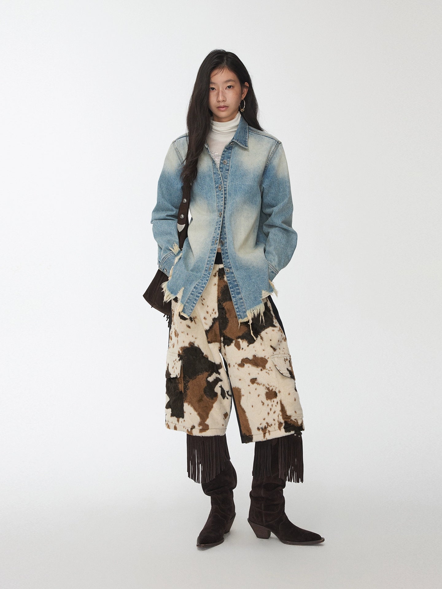 Vintage Washed Frayed-Edge Denim Shirt