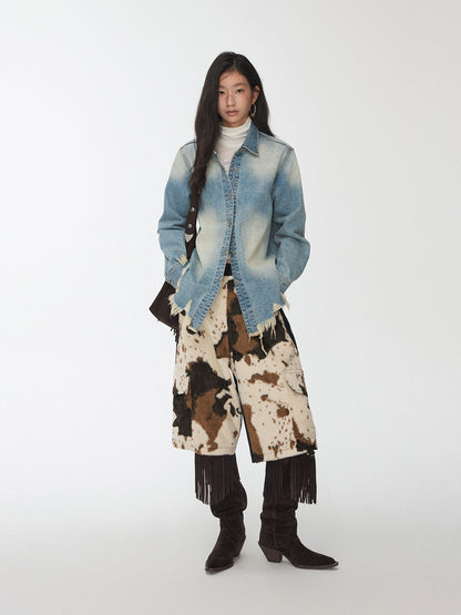 Vintage Washed Frayed-Edge Denim Shirt