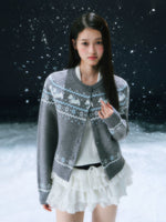 Gray Fair Isle Pattern Knit Cardigan