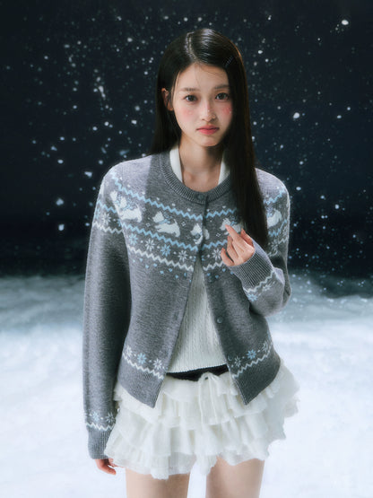 Gray Fair Isle Pattern Knit Cardigan