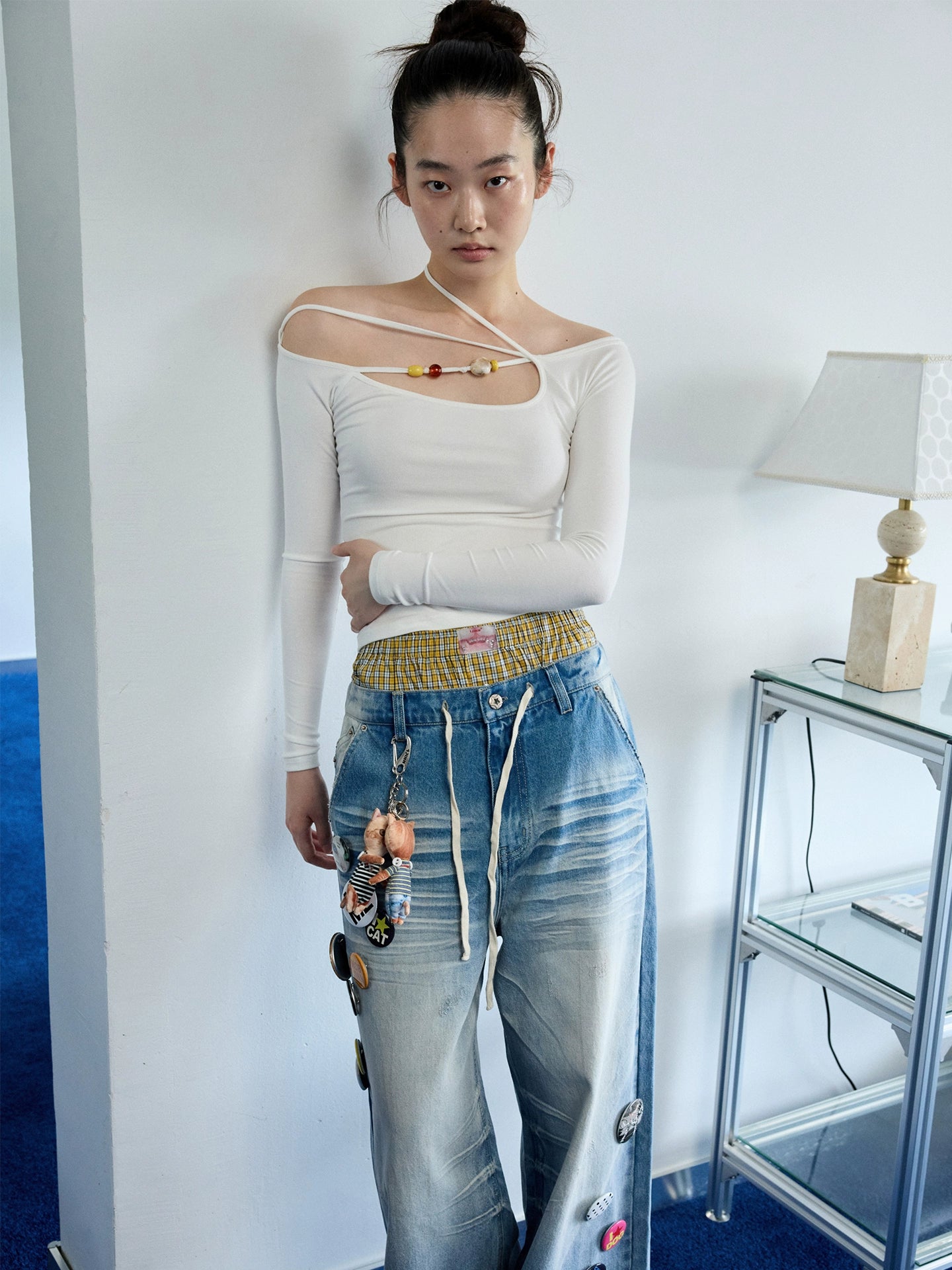 One-Shoulder Beaded Strappy Solid Color T-Shirt