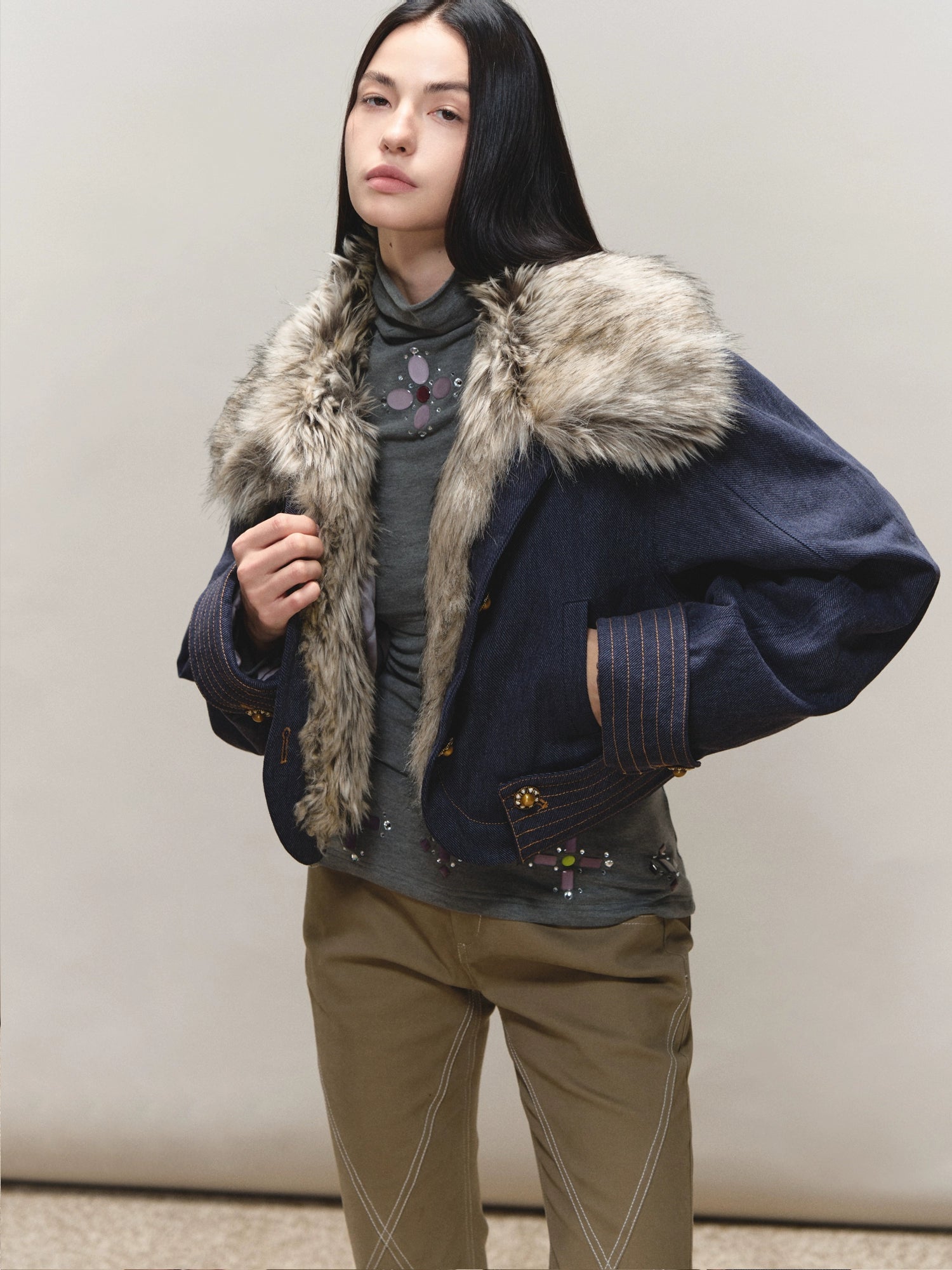 Fur-Collar Fitted Parka Jacket