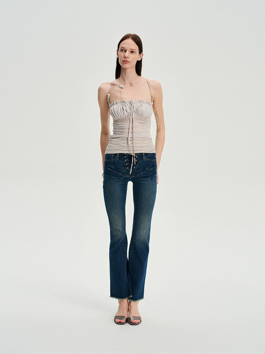 Beaded Strap Lace Splicing Acetate Cami Top