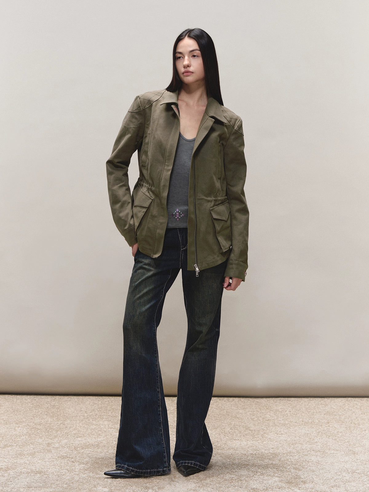 Mud-Blue Contrast-Stitch Flare Jeans