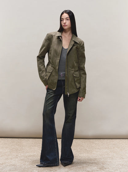 Mud-Blue Contrast-Stitch Flare Jeans