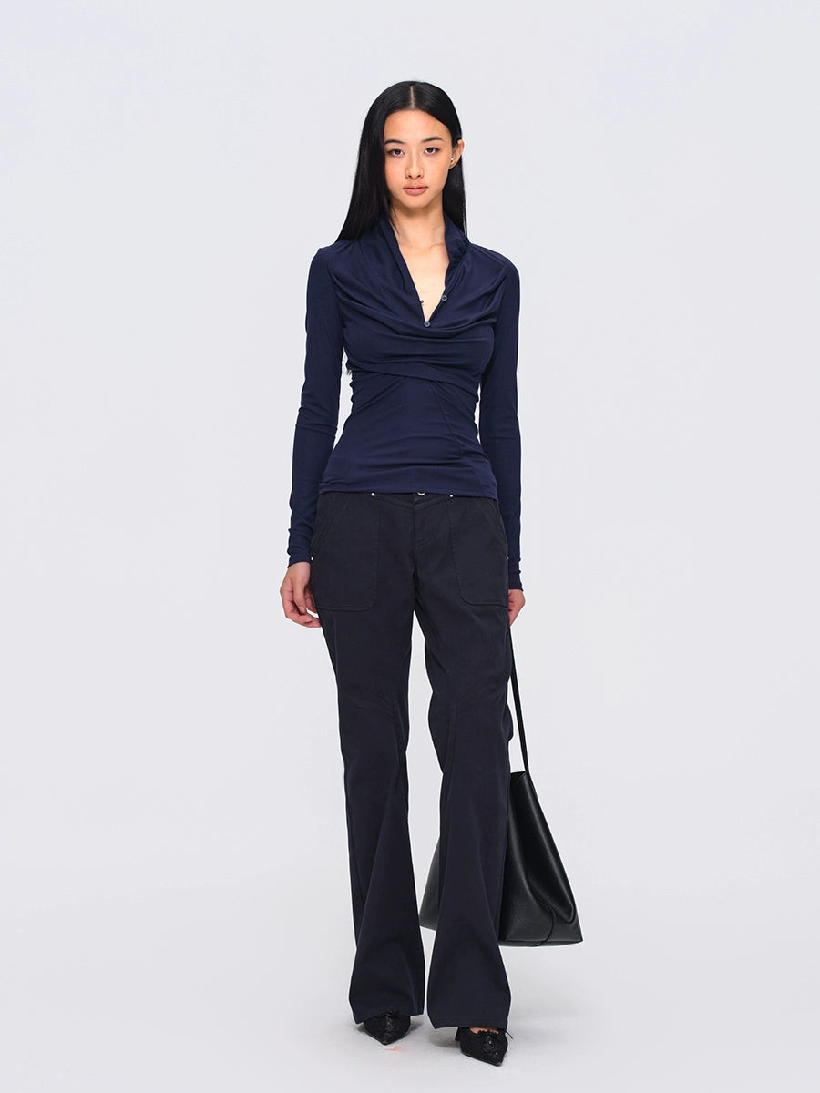 Deep-Blue V-Neck Structured Knit Top