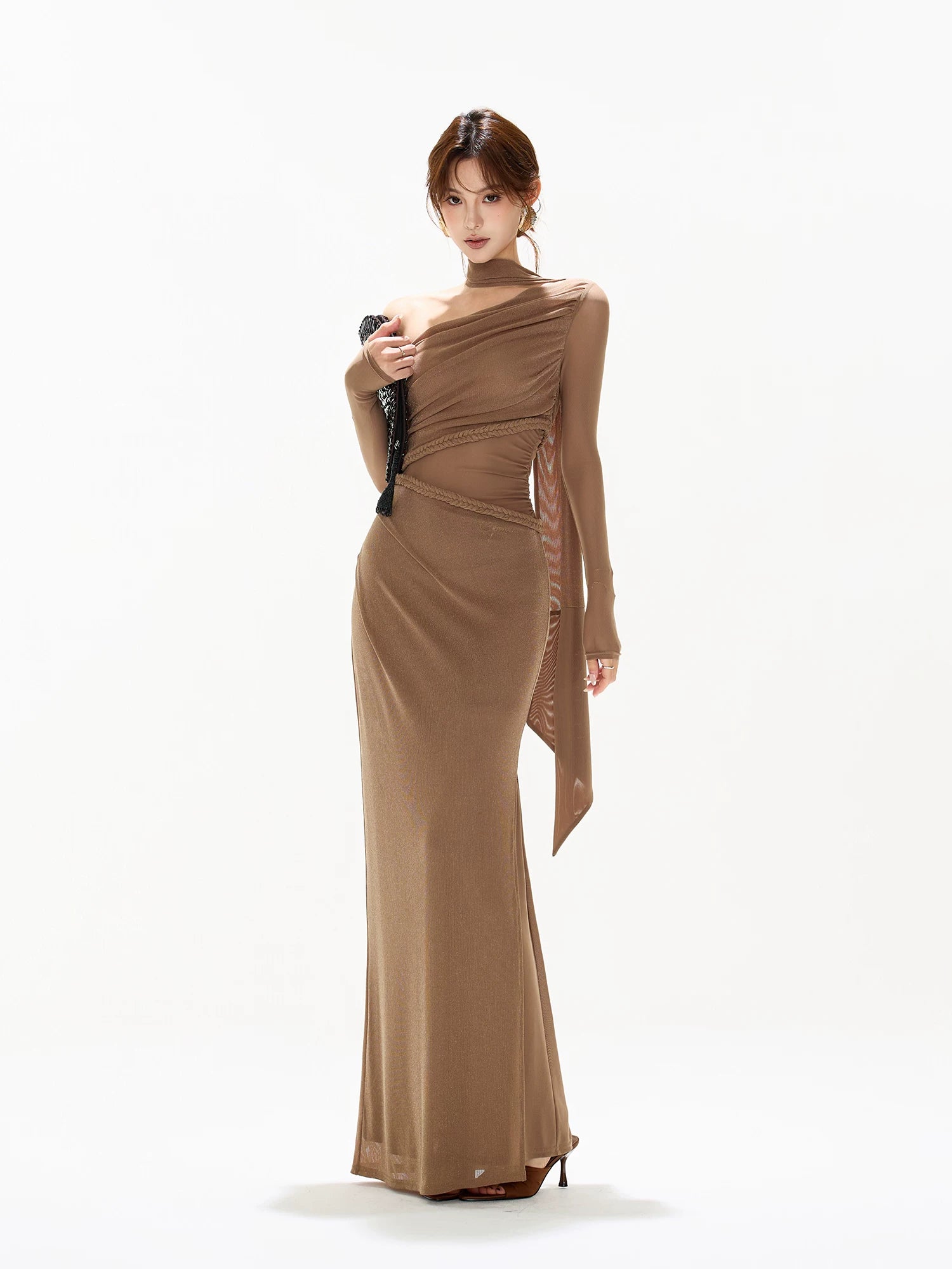 Braid Mesh One-Shoulder Maxi Dress