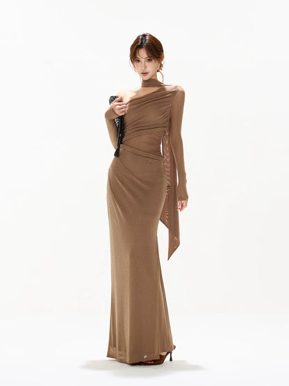 Braid Mesh One-Shoulder Maxi Dress