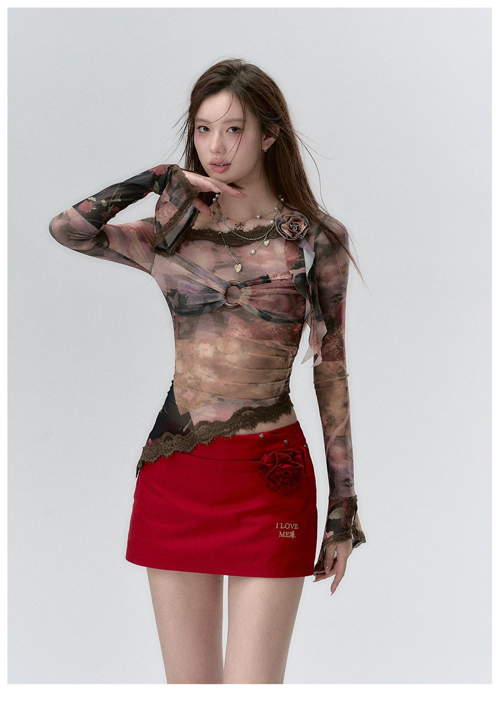 &quot;I LOVE ME&quot; Embroidered Rose Belt A-Line Mini Skirt